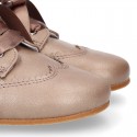 LAMINATED COPPER leather Girl Laces up shoes with silk laces.