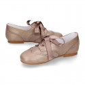 LAMINATED COPPER leather Girl Laces up shoes with silk laces.