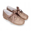 LAMINATED COPPER leather Girl Laces up shoes with silk laces.