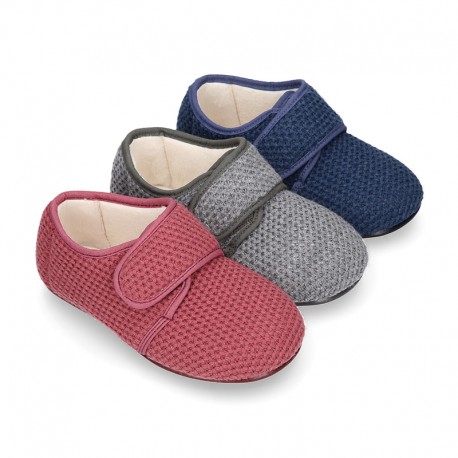 New design wool knit kids home shoes closed with hook and loop strap.