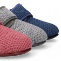 New design wool knit kids home shoes closed with hook and loop strap.