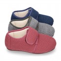 New design wool knit kids home shoes closed with hook and loop strap.