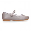 LAMINATED leather classic Girl Mary Jane shoes with hook and loop strap with button design.