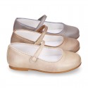 LAMINATED leather classic Girl Mary Jane shoes with hook and loop strap with button design.