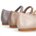 LAMINATED leather classic Girl Mary Jane shoes with hook and loop strap with button design.