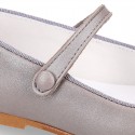 LAMINATED leather classic Girl Mary Jane shoes with hook and loop strap with button design.