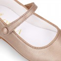 LAMINATED leather classic Girl Mary Jane shoes with hook and loop strap with button design.