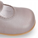 LAMINATED Classic Nappa Leather Girl little Mary Jane shoes with button.