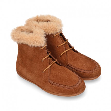 MOHICAN style Kids ankle boots with fake hair neck design in TAN color suede leather.