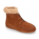 MOHICAN style Kids ankle boots with fake hair neck design in TAN color suede leather.