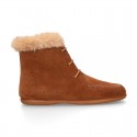 MOHICAN style Kids ankle boots with fake hair neck design in TAN color suede leather.