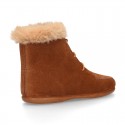 MOHICAN style Kids ankle boots with fake hair neck design in TAN color suede leather.