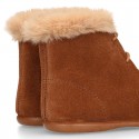 MOHICAN style Kids ankle boots with fake hair neck design in TAN color suede leather.