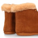 MOHICAN style Kids ankle boots with fake hair neck design in TAN color suede leather.