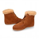 MOHICAN style Kids ankle boots with fake hair neck design in TAN color suede leather.