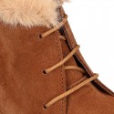 MOHICAN style Kids ankle boots with fake hair neck design in TAN color suede leather.