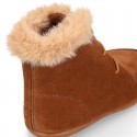 MOHICAN style Kids ankle boots with fake hair neck design in TAN color suede leather.