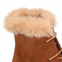 MOHICAN style Kids ankle boots with fake hair neck design in TAN color suede leather.