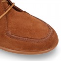 MOHICAN style Kids ankle boots with fake hair neck design in TAN color suede leather.