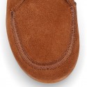 MOHICAN style Kids ankle boots with fake hair neck design in TAN color suede leather.