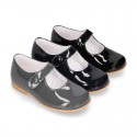 Classic PATENT leather little girl Mary Janes with hook and loop with button.