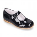 Classic PATENT leather little girl Mary Janes with hook and loop with button.