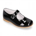 Classic PATENT leather little girl Mary Janes with hook and loop with button.