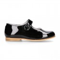 Classic PATENT leather little girl Mary Janes with hook and loop with button.