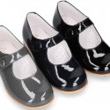 Classic PATENT leather little girl Mary Janes with hook and loop with button.