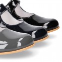 Classic PATENT leather little girl Mary Janes with hook and loop with button.
