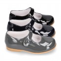 Classic PATENT leather little girl Mary Janes with hook and loop with button.