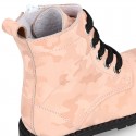 Rock style CAMOUFLAGE leather Girl boots with laces and zipper closure.