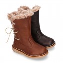 SOFT NAPPA leather kids ankle boots with fake hair lining, zipper closure and shoelaces.