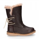 SOFT NAPPA leather kids ankle boots with fake hair lining, zipper closure and shoelaces.