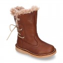 SOFT NAPPA leather kids ankle boots with fake hair lining, zipper closure and shoelaces.