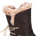 SOFT NAPPA leather kids ankle boots with fake hair lining, zipper closure and shoelaces.