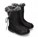 BLACK SOFT NAPPA leather kids ankle boots with fake hair lining, zipper closure and shoelaces.