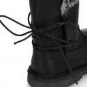 BLACK SOFT NAPPA leather kids ankle boots with fake hair lining, zipper closure and shoelaces.