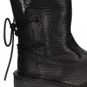 BLACK SOFT NAPPA leather kids ankle boots with fake hair lining, zipper closure and shoelaces.
