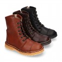 BIKER style Nappa leather kids boots with zipper closure and laces.