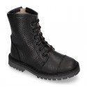 BIKER style Nappa leather kids boots with zipper closure and laces.