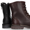 BIKER style Nappa leather kids boots with zipper closure and laces.
