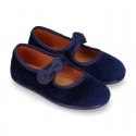 Velvet canvas little Girl Mary Jane shoes with hook and loop strap and BOW.