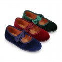 Velvet canvas little Girl Mary Jane shoes with hook and loop strap and BOW.