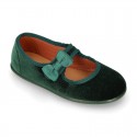 Velvet canvas little Girl Mary Jane shoes with hook and loop strap and BOW.