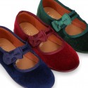 Velvet canvas little Girl Mary Jane shoes with hook and loop strap and BOW.