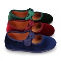 Velvet canvas little Girl Mary Jane shoes with hook and loop strap and BOW.