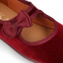 Velvet canvas little Girl Mary Jane shoes with hook and loop strap and BOW.