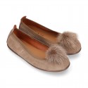 Suede leather Girl ballet flat shoes with elastic band and POMPOM design.