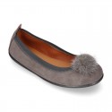 Suede leather Girl ballet flat shoes with elastic band and POMPOM design.